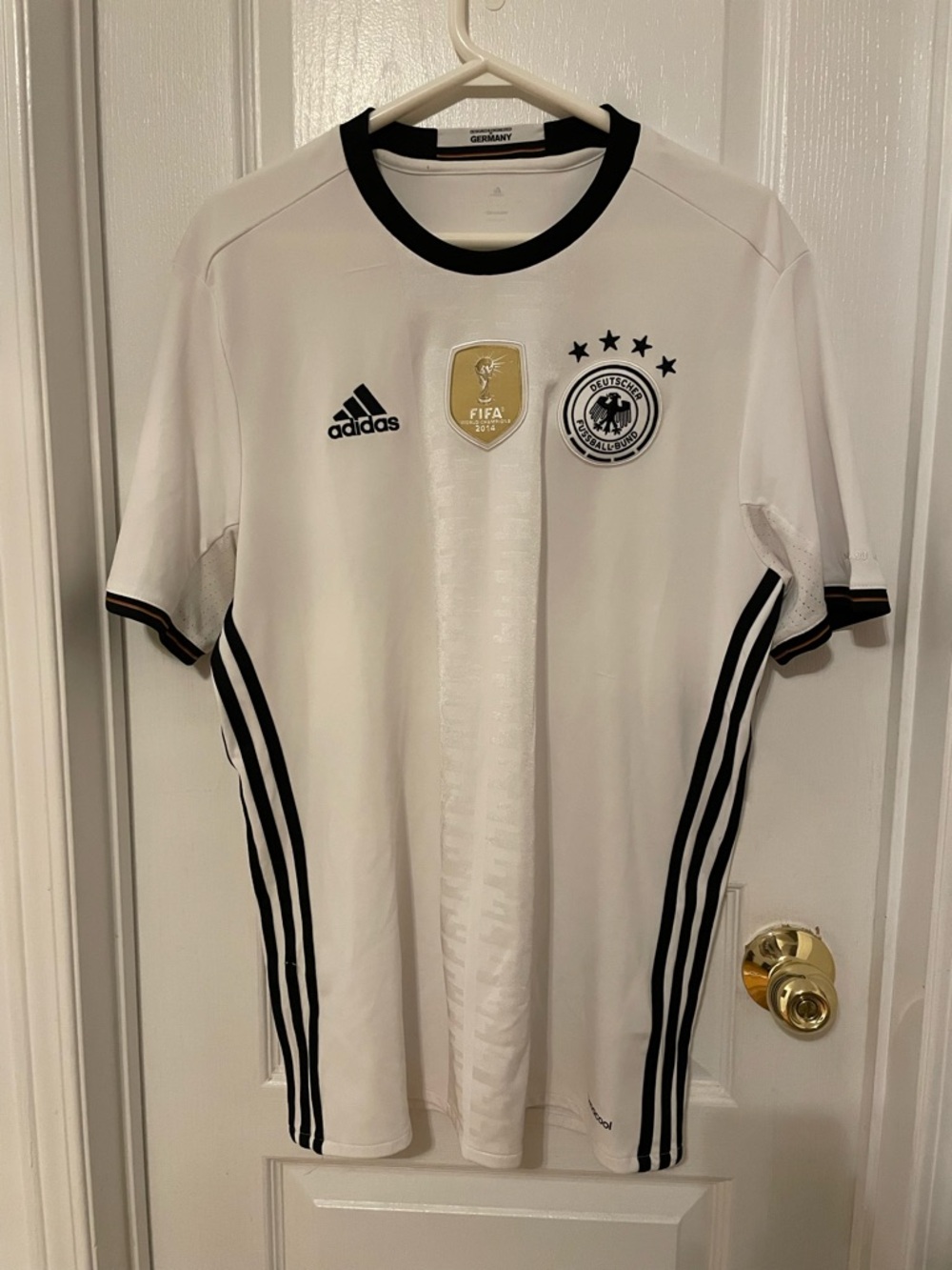 adidas White and Black Germany Soccer Jersey with Gold FIFA Badge